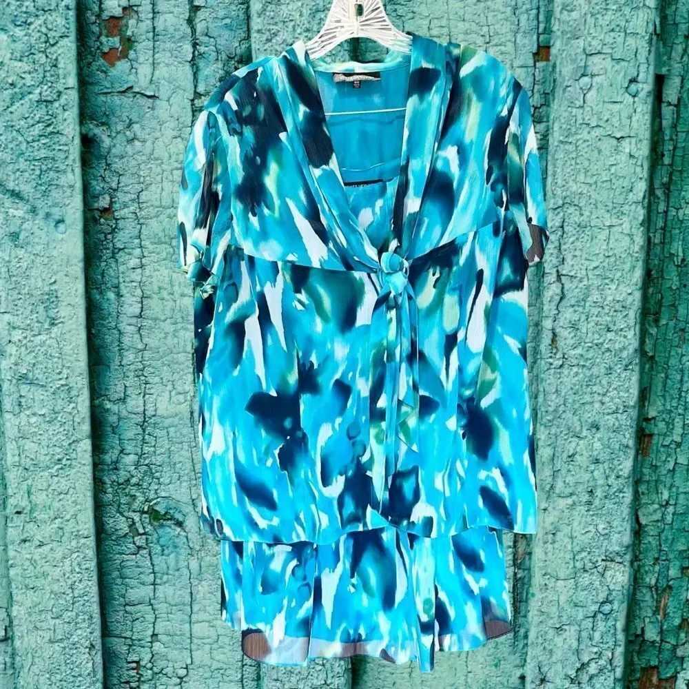 Jones New York Woman's Chiffon Blouse Lined Watercolors Blue/Green 16W